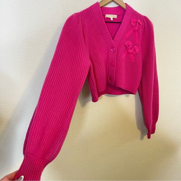 LoveShackFancy Avignon Cropped Appliquéd Ribbed Cashmere Cardigan Fuchsia XS - Picture 10 of 13